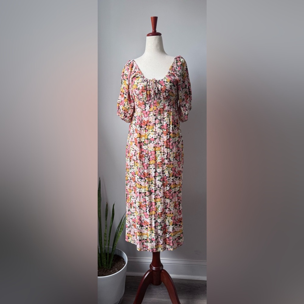Billabong Pink Floral Puff-Sleeve Midi Dress Peasant Flowy Boho Summer Casual